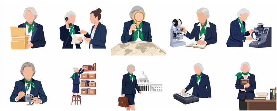 Flat illustration set of a senior professional woman archivist and researcher performing various tasks in a government office or national archive.