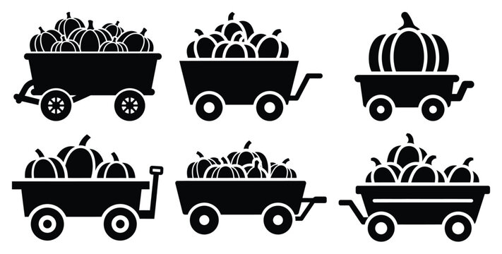 Collection of pumpkin wagon silhouette icon set. Happy Halloween icon Vector illustration on white background.