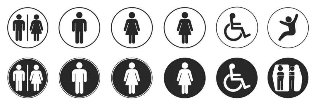 Toilet Icons Set Featuring Man and Woman Symbols, WC Toilet Signs and Restroom Direction Icons, Professional Vector Illustration Collection for Public Facilities and Navigation