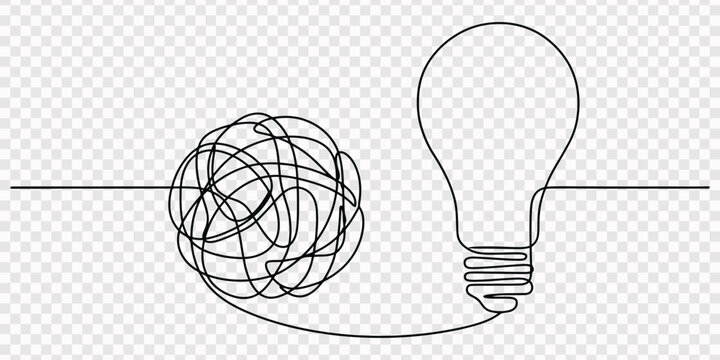 light bulb idea, Creative Idea Concept Continuous Line Art of Light Bulbs Evolving to a Bright One, Continuous one line chaos problem scribble simple art icon knot. Chaos problem line complex brain