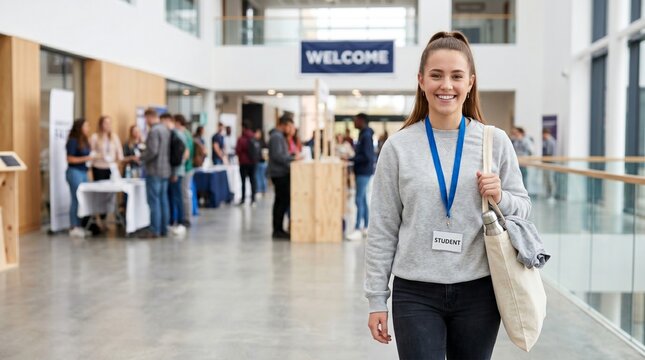Arrival Student Society Fair showing a smiling girl holding a canvas shopper in a bright hall. Designed for college enrollment campaigns and freshman greeting banners.