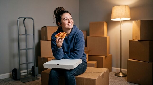 First Night Move-In Day Cart scenario showing a girl eating pizza among packed boxes. Created for dormitory relocation articles and independent youth housing guides.