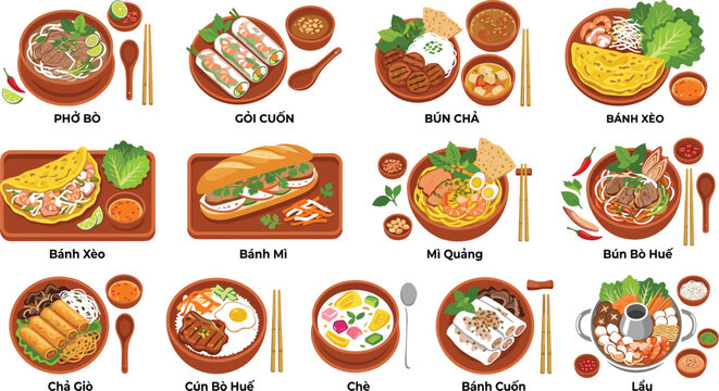 Vietnamese food infographic icon set featuring traditional national dishes like pho banh mi bun cha and spring rolls for restaurant menu design template