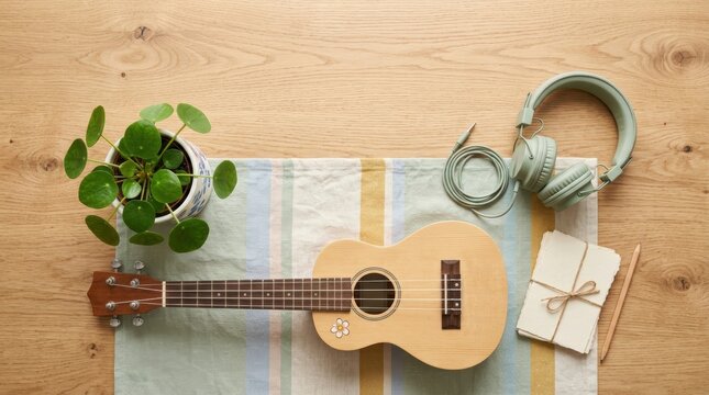 Ukulele practice setup with headphones, blank cards, and plant on wooden table