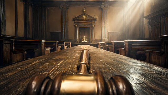 Marteau de juge en bois et balance en m&eacute;tal symbolisant justice, verdict et jugement