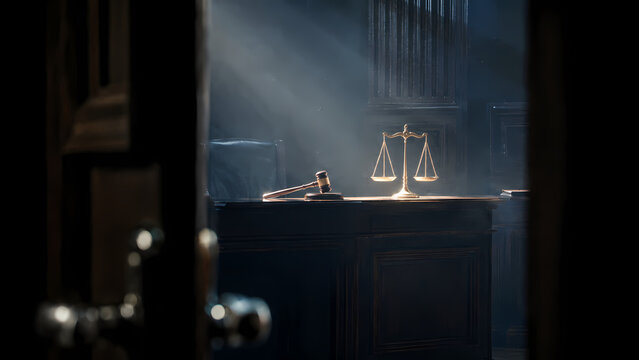 Balance de justice en m&eacute;tal avec marteau de juge en bois, verdict et jugement juridique
