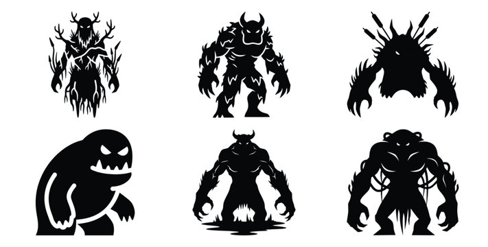 Collection of swamp monster silhouette icon set. Happy Halloween icon Vector illustration on white background.