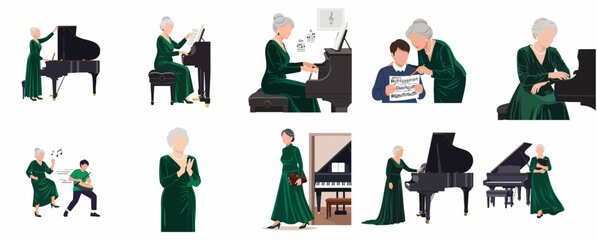 Elegant elderly female pianist and music teacher set playing grand piano and mentoring young student in flat vector illustration style © Triana