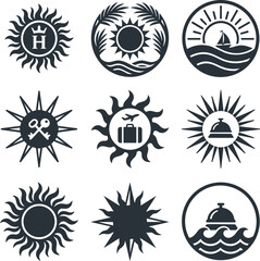 Collection of nine vector graphic icons representing travel and hospitality services in a sunlike circular motif © Nayon