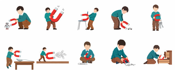 Fototapeta premium Set of illustrations of a little boy exploring physics with a horseshoe magnet and various metal objects, STEM education concept for children.