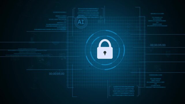 Futuristic cybersecurity padlock icon inside glowing circular HUD digital UI interface with AI technology elements and data streams tracking over a dark blue high-tech background.
