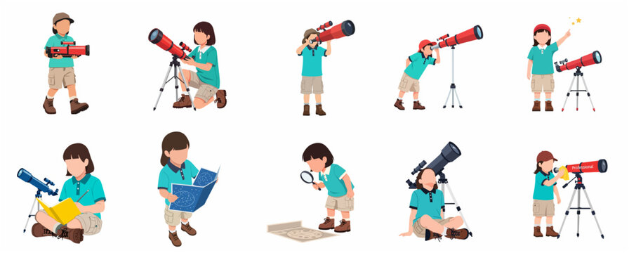 Vector illustration set of a young girl character engaging in astronomy activities using telescopes and reading star maps