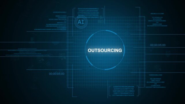 A high-tech digital HUD display featuring the word OUTSOURCING at the center, surrounded by data streams, AI icons, and geometric graphics on a futuristic dark blue background.