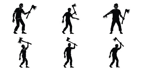 Fototapeta premium Collection of zombie silhouette with axe silhouette icon set. Happy Halloween icon Vector illustration on white background.
