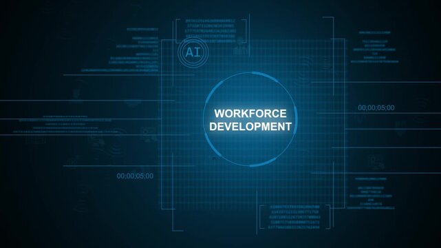 Futuristic AI workforce development text concept inside glowing circular HUD digital UI interface with data streams tracking over a dark blue high-tech background.