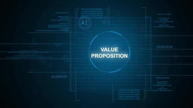 Futuristic artificial intelligence AI value proposition text concept inside glowing circular HUD digital UI interface with technology elements tracking over a dark blue background.