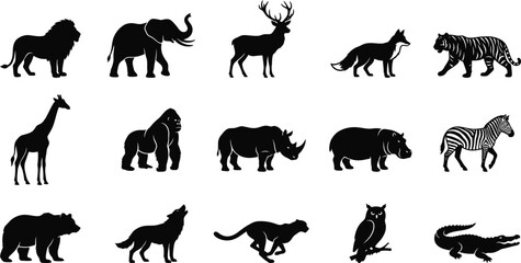 Obraz premium Collection of black silhouette animals on white background featuring lion elephant deer and more wildlife silhouettes