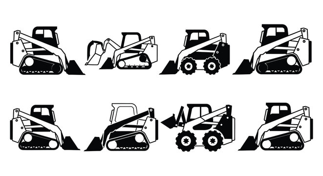 Skid Steer Loader Silhouettes Black Vector Illustration On White Background