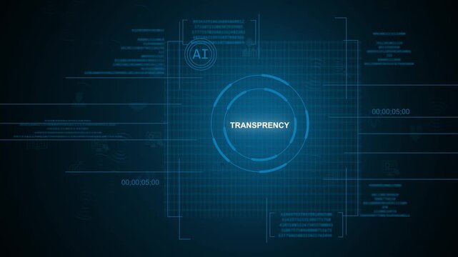Futuristic artificial intelligence AI transparency text concept inside glowing circular HUD digital UI interface with technology elements tracking over a dark blue background.
