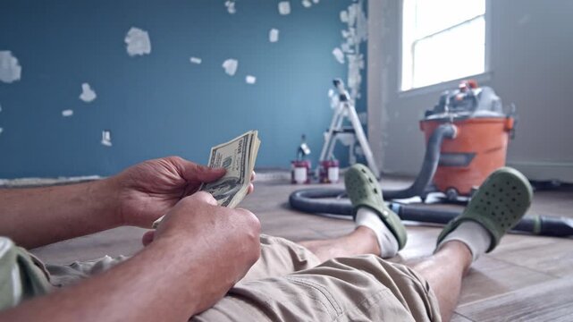 A man is carefully counting dollar bills to determine how much he will spend on materials for his home improvement project in a charming, unfinished room