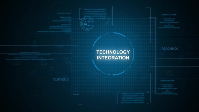 Futuristic AI technology integration text concept inside glowing circular HUD digital UI interface with secure data streams tracking over a dark blue high-tech background.