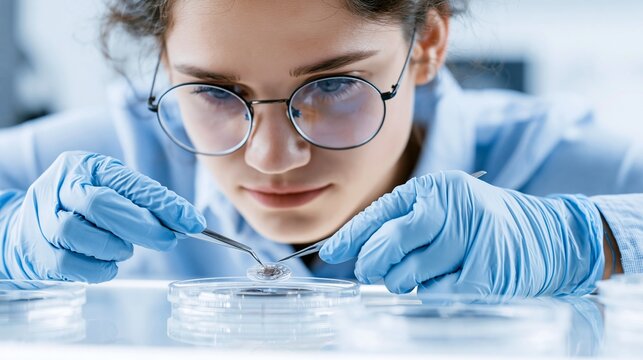 Medium shot of a female engineer wearing antistatic gloves carefully adjusting a MEMS gyroscope with precision tweezers in a spotless electronics lab under crisp highkey lighting.