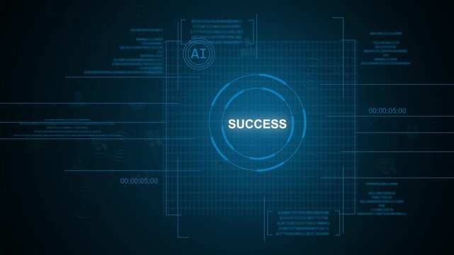 Futuristic AI success text concept inside glowing circular HUD digital UI interface with matrix data streams tracking over a dark blue high-tech background.