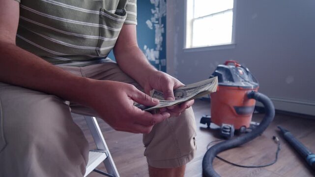 A man carefully counts his dollar bills, calculating how much he will spend on essential materials for his upcoming home renovation
