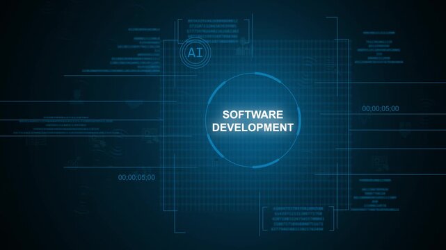 Futuristic AI software development text concept inside glowing circular HUD digital UI interface with data optimization streams tracking over a dark blue background.