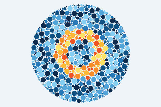 Ishihara test pattern of orange and yellow circles on blue dot background, dots abstract