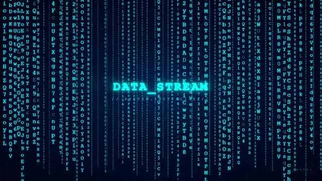 Digital data stream with falling blue binary code and text on dark background