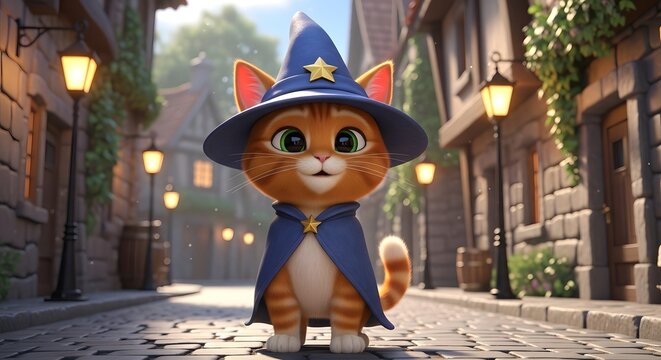 Cute orange tabby kitten wearing a blue wizard hat and cape standing on a cobblestone street in a fantasy village