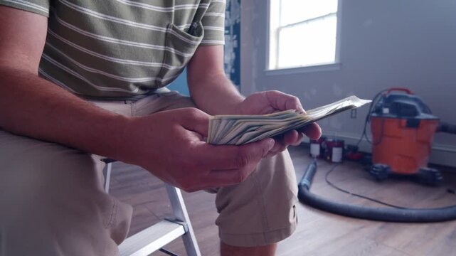 A man carefully counts dollar bills to budget for his home renovation. He assesses the needed materials while surrounded by tools and a relaxed atmosphere
