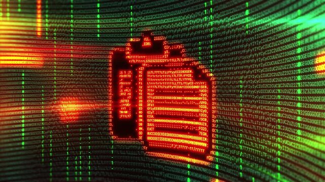 Paste icon glowing on moving data stream of computer code
