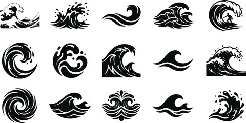 Fototapeta premium Collection of 14 wave silhouette icons for coastal and surfing designs