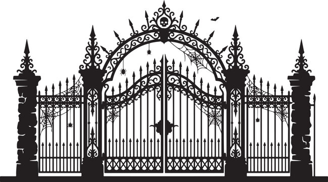 Halloween iron gate with spider webs and bats on white background