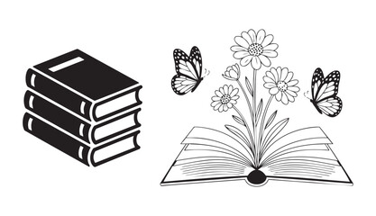 Naklejka premium Open book with blooming flowers and butterflies alongside stack of books on transparent background.
