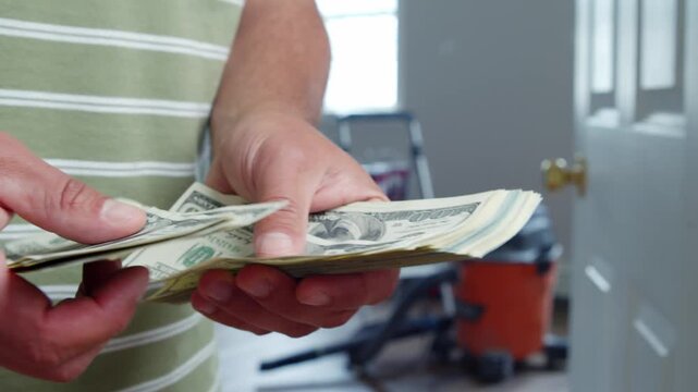 A man is carefully counting dollar bills to determine how much he needs for his home renovation materials. The room is filled with tools and plans