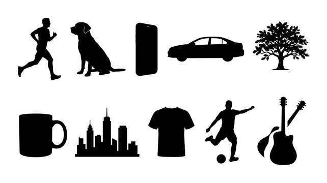 Silhouette collection of runner, walking woman, bird, smartphone, car, tree, coffee mug, skyline, t shirt, soccer player, and guitar