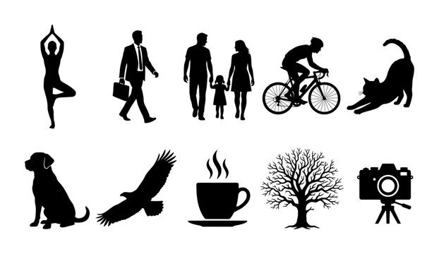 Silhouette collection of yoga pose, walker, family, cyclist, sitting animal, dog, eagle, coffee cup, winter tree, and camera