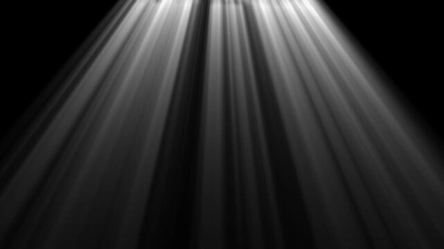 Warm light rays looping animated background, Intense white volumetric light rays on black background strong, focused beams shining downward from the top edge. 4k