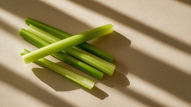 A minimalist composition of celery sticks on a neutral background with soft shadows and clean styling