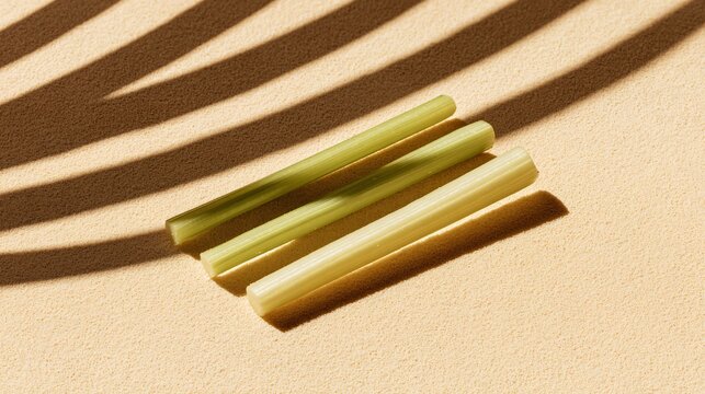 A minimalist composition of three celery sticks placed parallel on a pastel sand background with long directional shadows