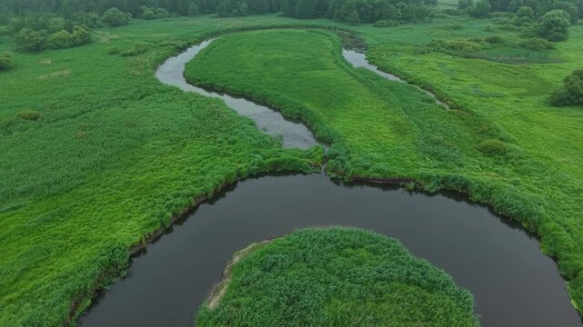 Oxbow Lake Confluence &ndash; Low Parallax Right Wide Aerial Flight Over Two Waters