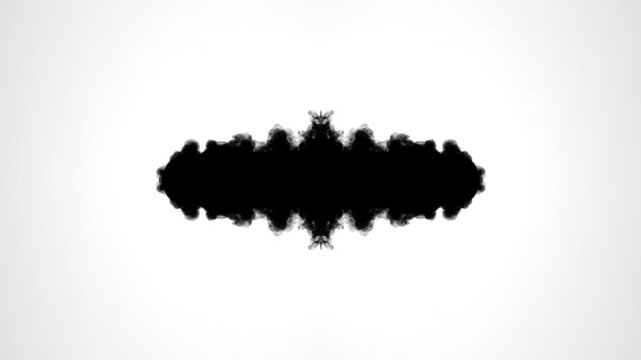 An abstract, slow-motion video showing black ink expanding symmetrically in water against a clean white background. creating beautiful fluid textures and organic, Rorschach-like patterns