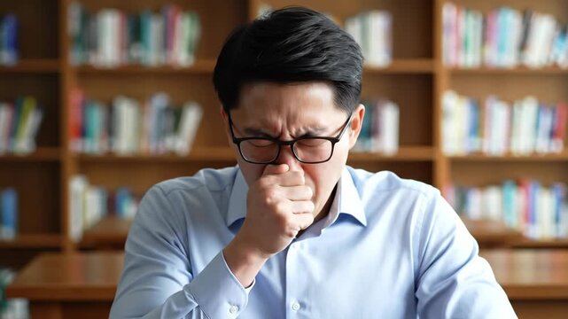 Asian man with glasses coughing into his hand. Sick male professional or student in a library with bookshelves. Flu and cold symptoms concept. Healthcare and respiratory illness