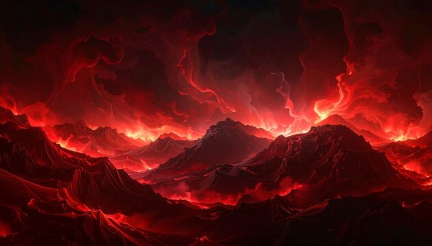 A dark, ominous landscape of mountains engulfed in fiery, glowing red clouds and lava flows