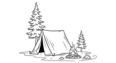 Camping scene with tent trees and campfire black and white vector illustration © MDAliAkbor