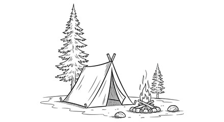 Camping scene with tent trees and campfire black and white vector illustration © MDAliAkbor