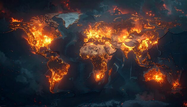 A dark, ominous world map with glowing orange hotspots on a cloudy background